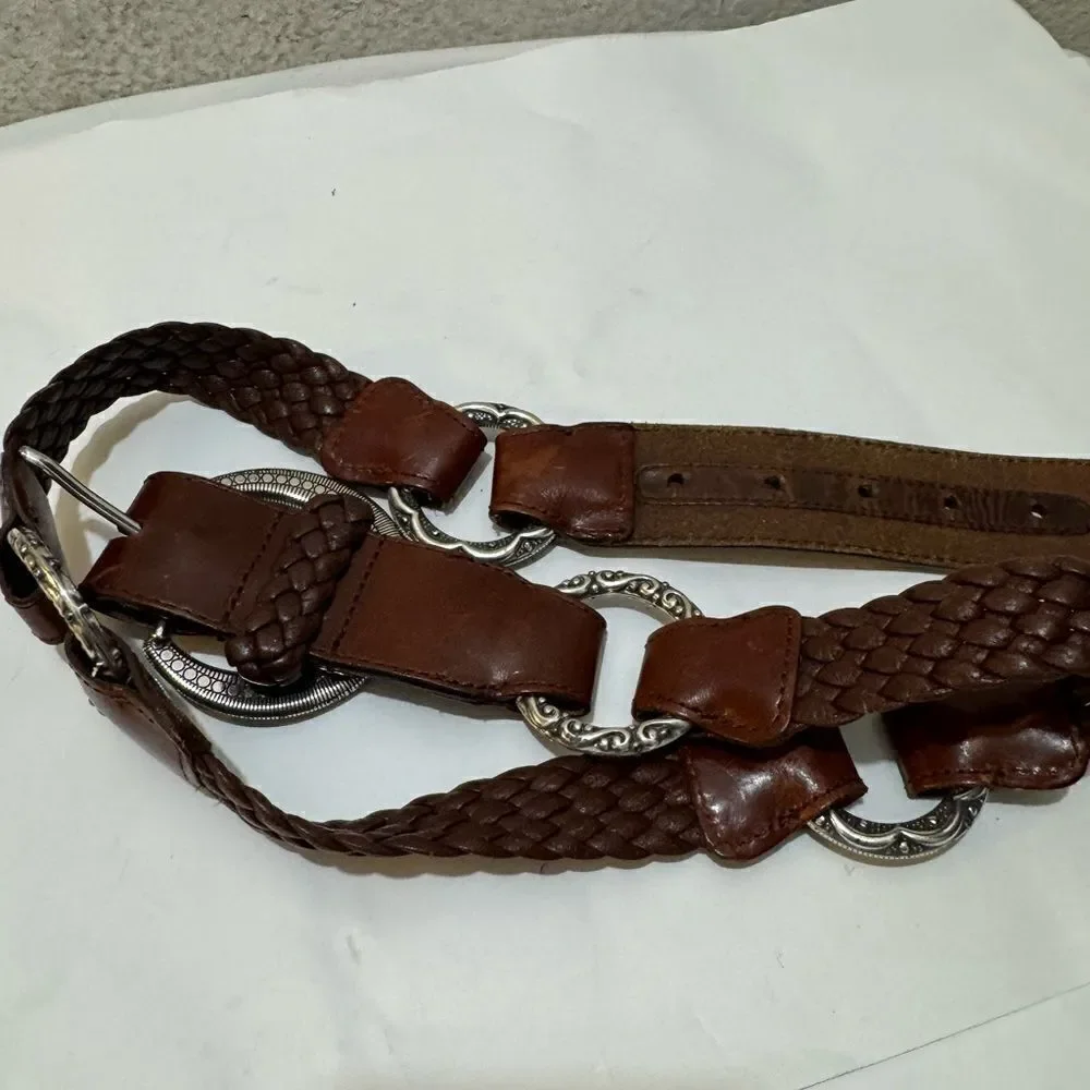Womens Brighton Brown Braided Leather Concho Belt Size 32 Boho Western